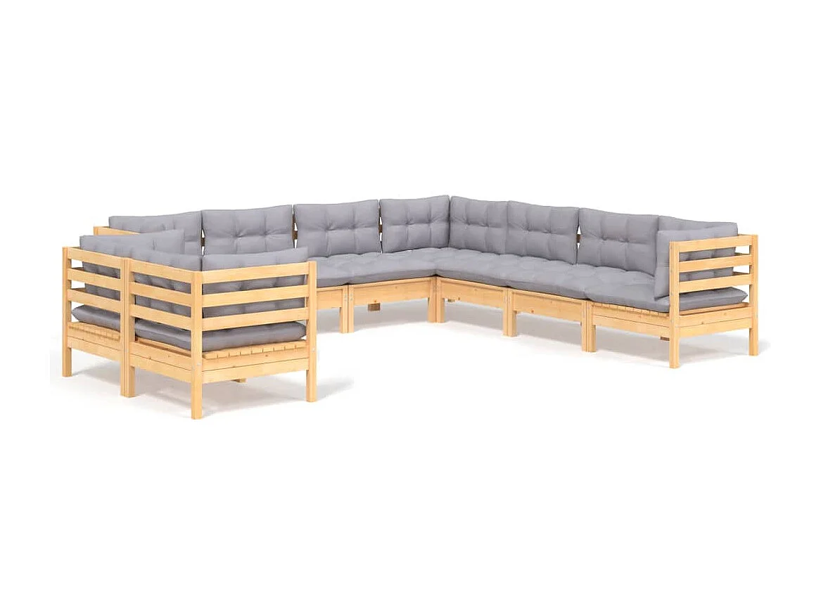 9-delige Loungeset met grijze kussens massief grenenhout