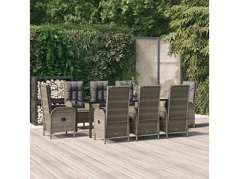 Set da Pranzo Giardino 9pz con Cuscini Nero e Grigio Polyrattan