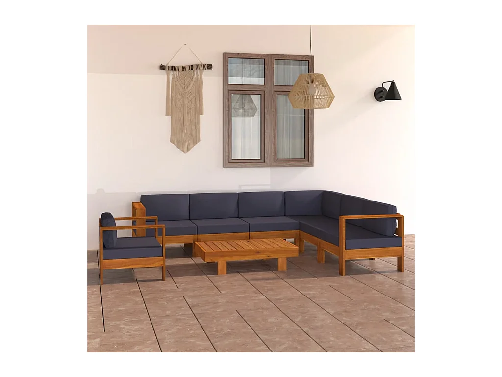 Salon de jardin 8 pcs avec coussins gris foncé Bois d'acacia