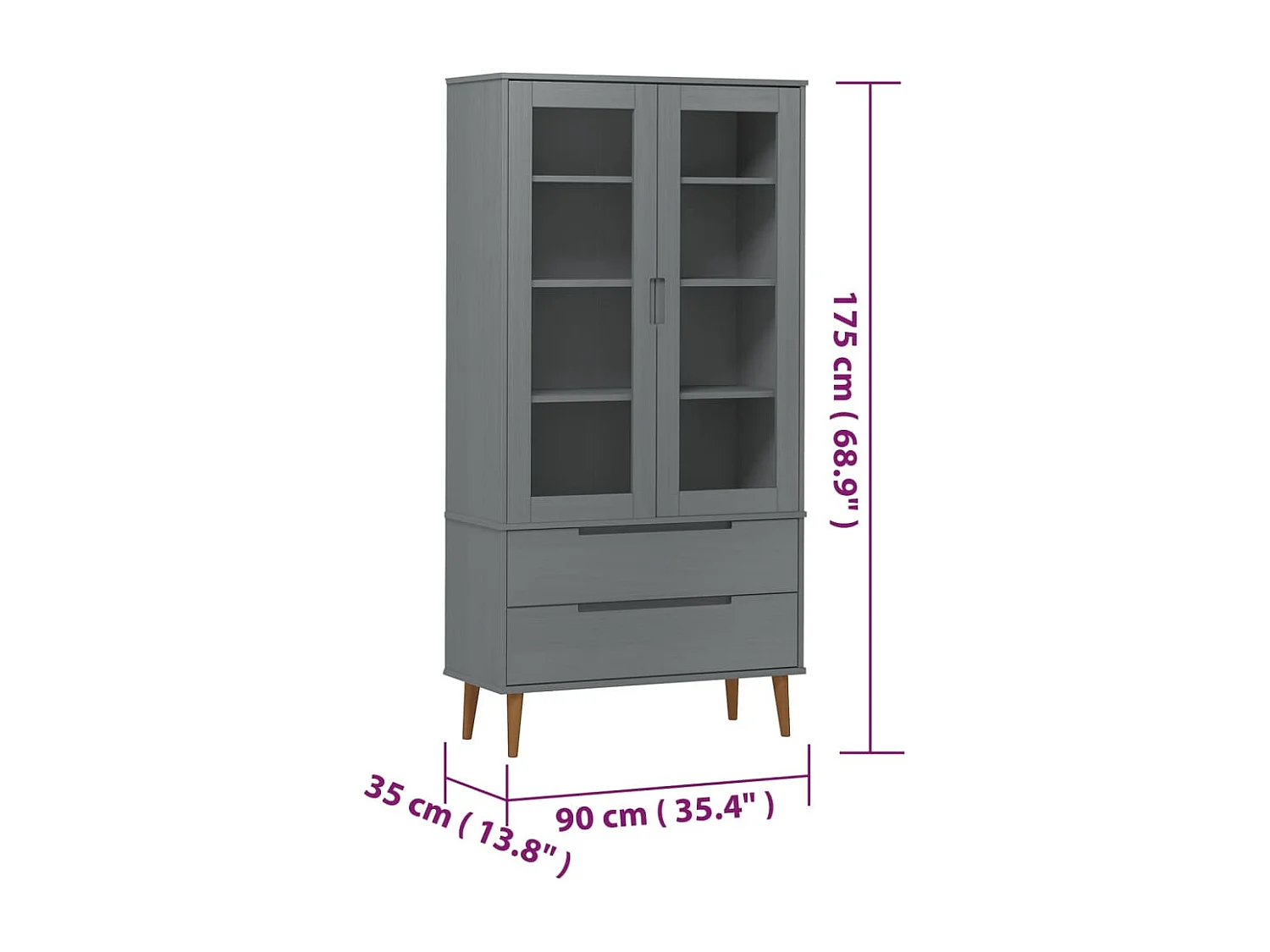 Vitrinekast MOLDE 90x35x175 cm massief grenenhout grijs
