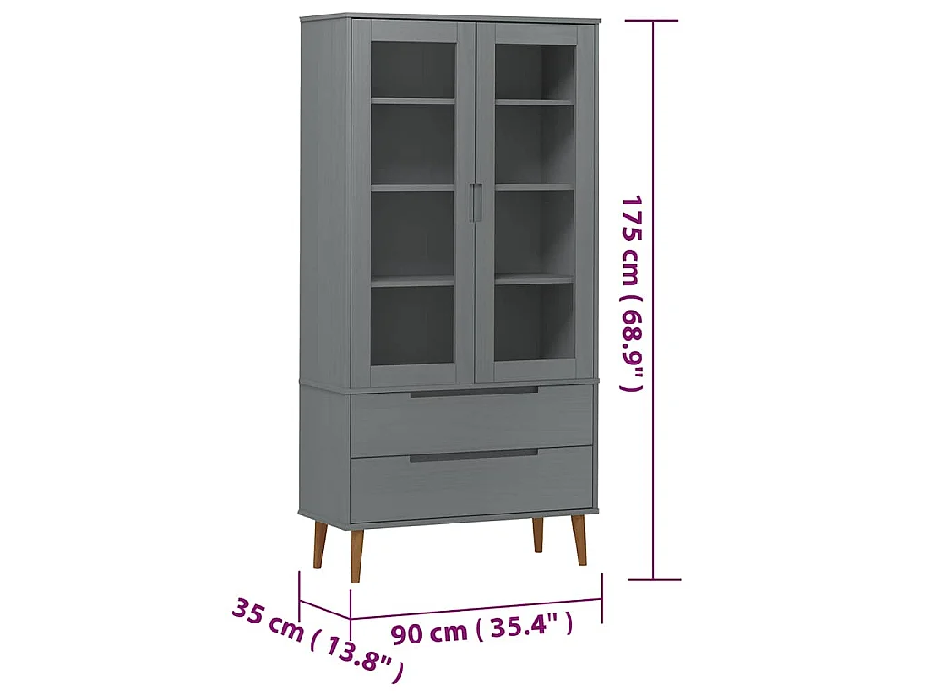 Vitrina MOLDE 90x35x175 cm pinho maciço cinza