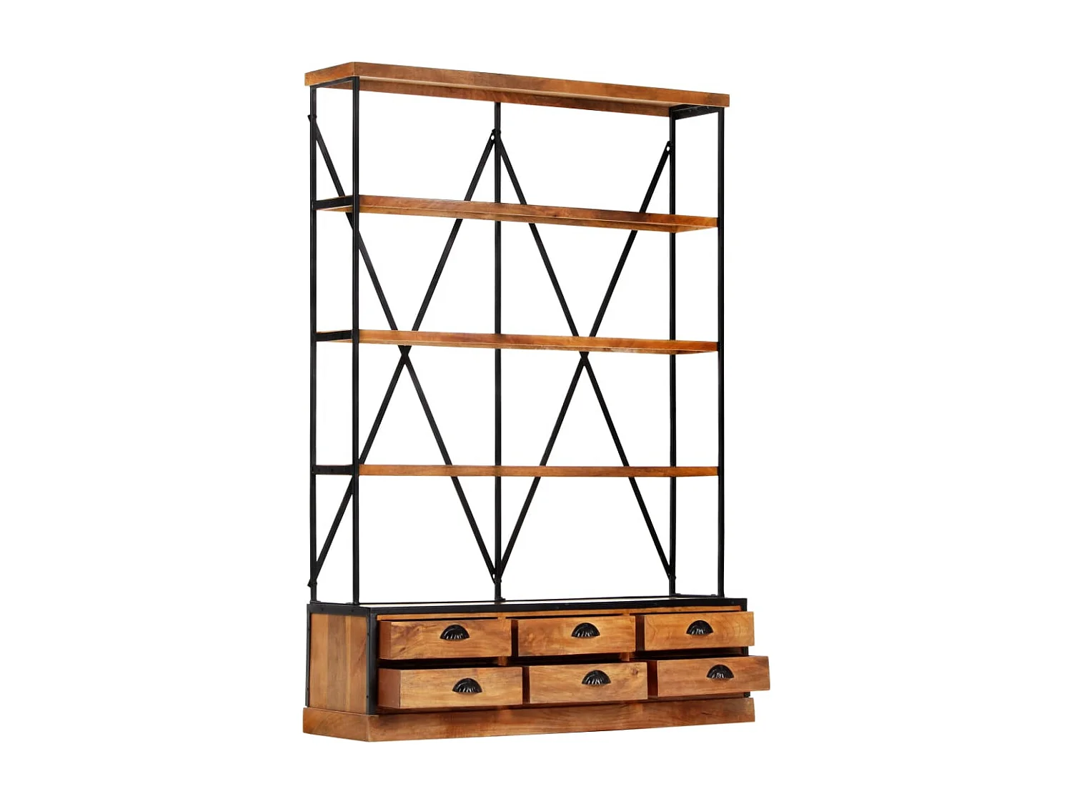 Libreria a 4 Ripiani 6 Cassetti 122x36x181cm Massello di Mango