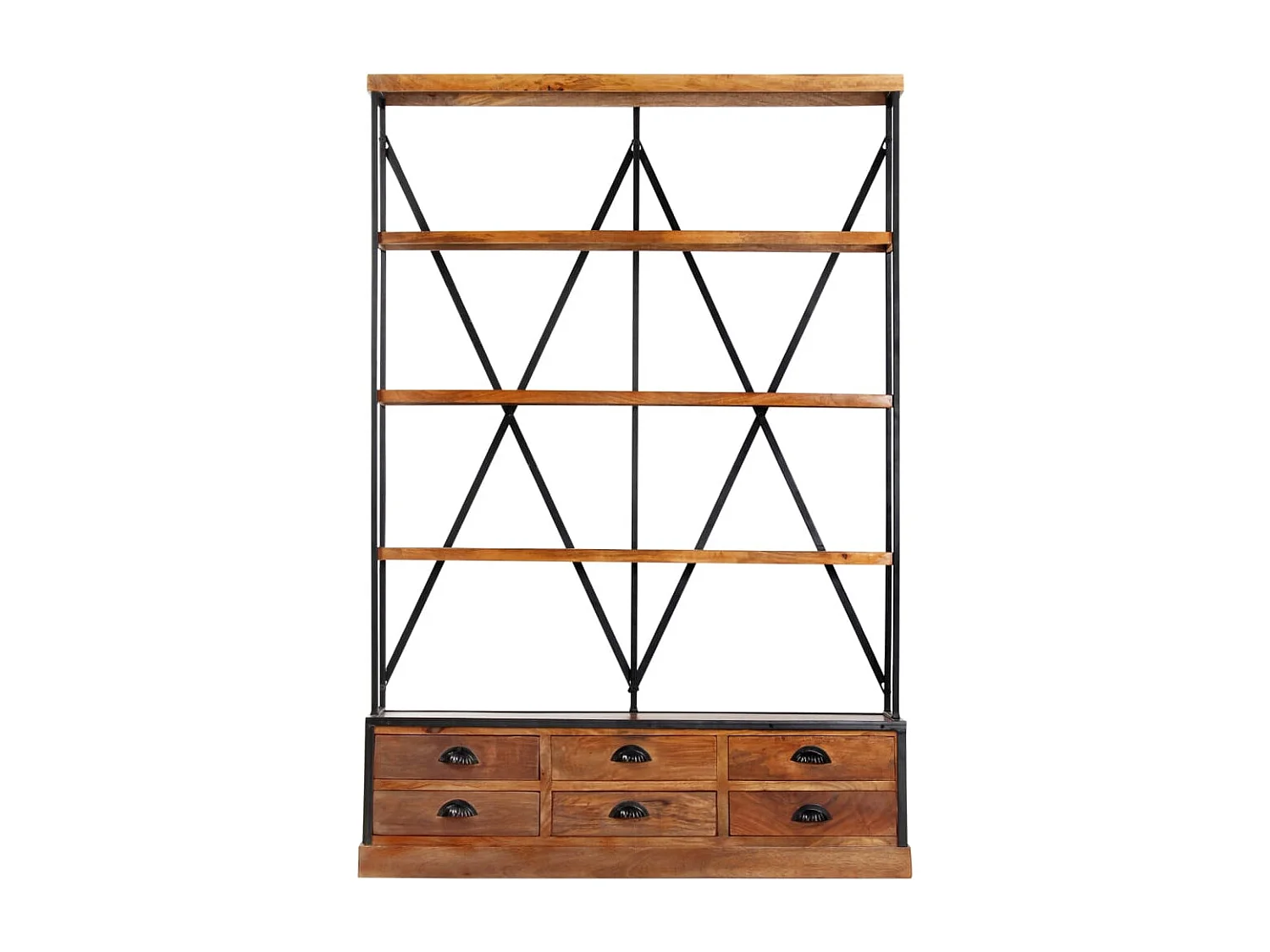 Libreria a 4 Ripiani 6 Cassetti 122x36x181cm Massello di Mango