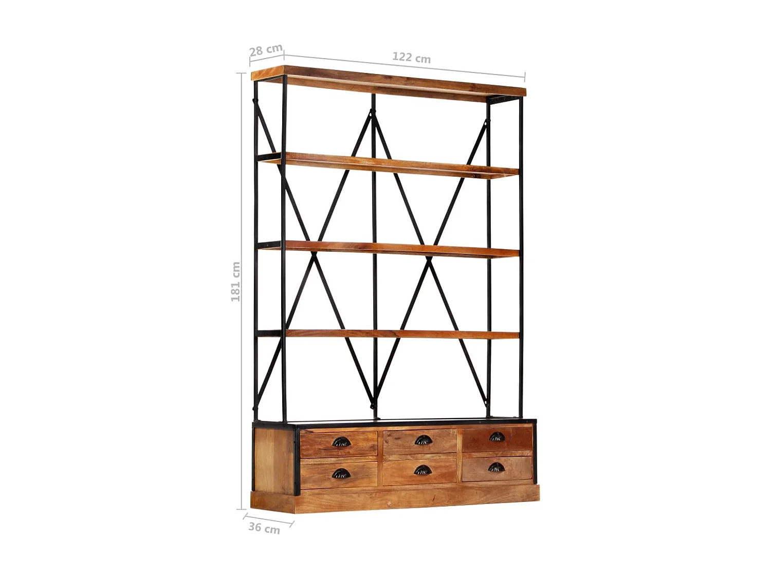 Libreria a 4 Ripiani 6 Cassetti 122x36x181cm Massello di Mango