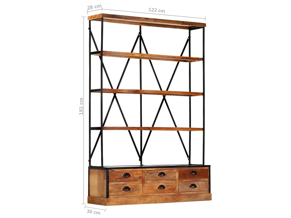 Bibliothèque à 4 étagères avec 6 tiroirs 122x36x181 cm Manguier