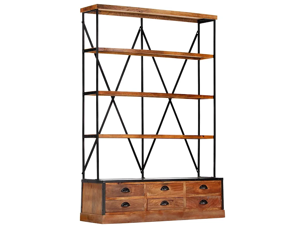 Bibliothèque à 4 étagères avec 6 tiroirs 122x36x181 cm Manguier
