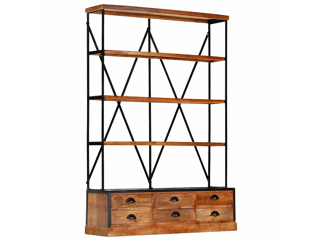 Bibliothèque à 4 étagères avec 6 tiroirs 122x36x181 cm Manguier
