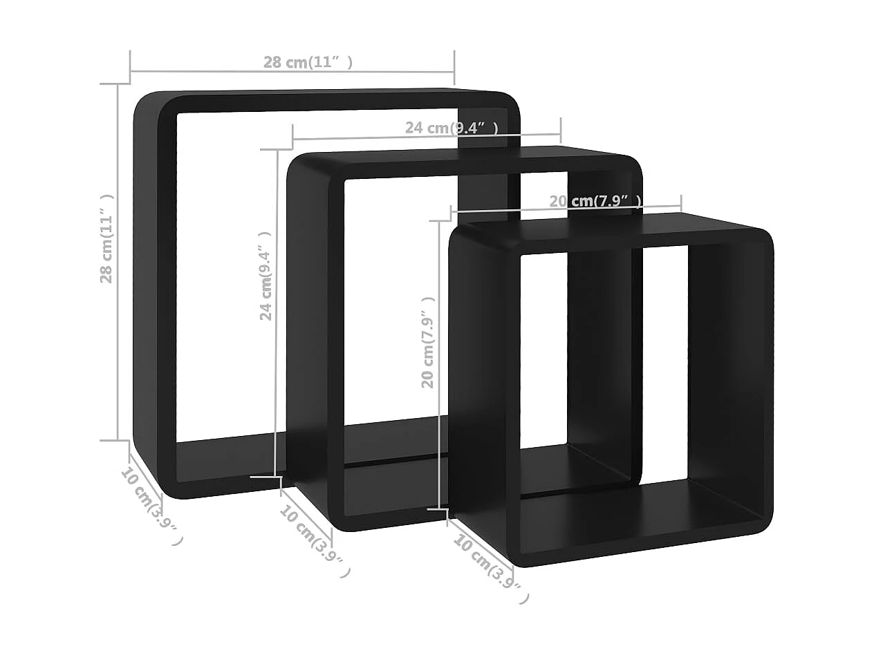 Prateleiras de parede em forma de cubo 3 pcs MDF preto