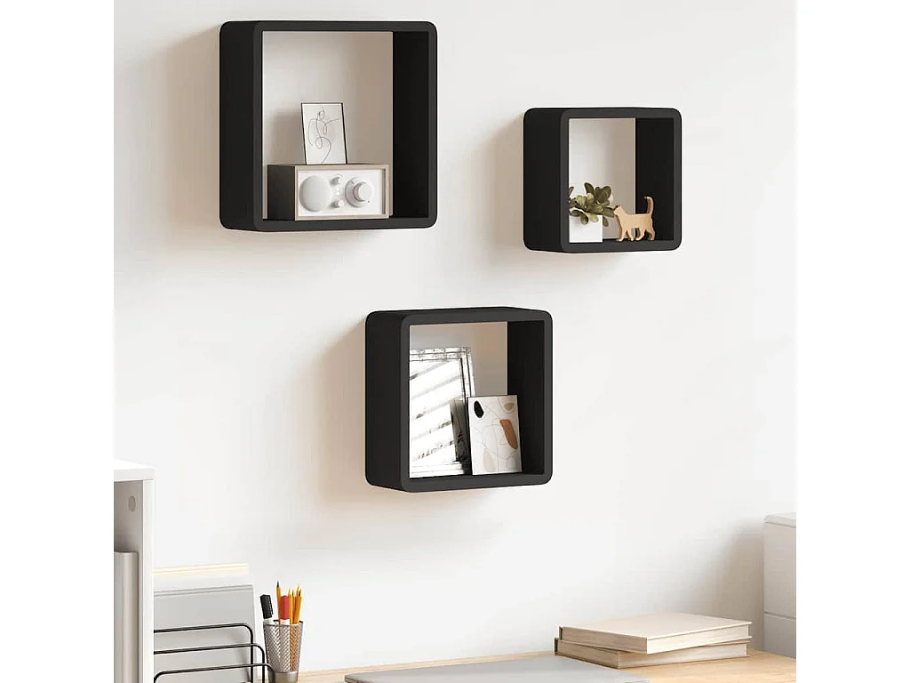 Wandschappen kubus 3 st MDF zwart
