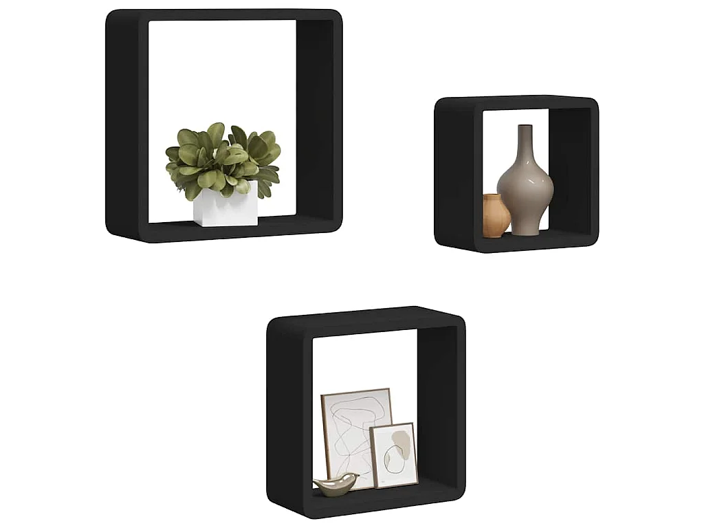 Étagères murales sous forme de cube 3 pcs Noir MDF