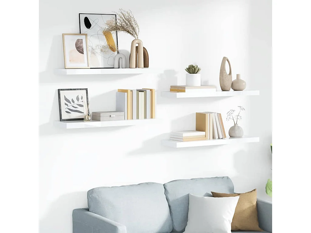 Étagère murale flottante 4 pcs Blanc brillant 90x23,5x3,8cm MDF