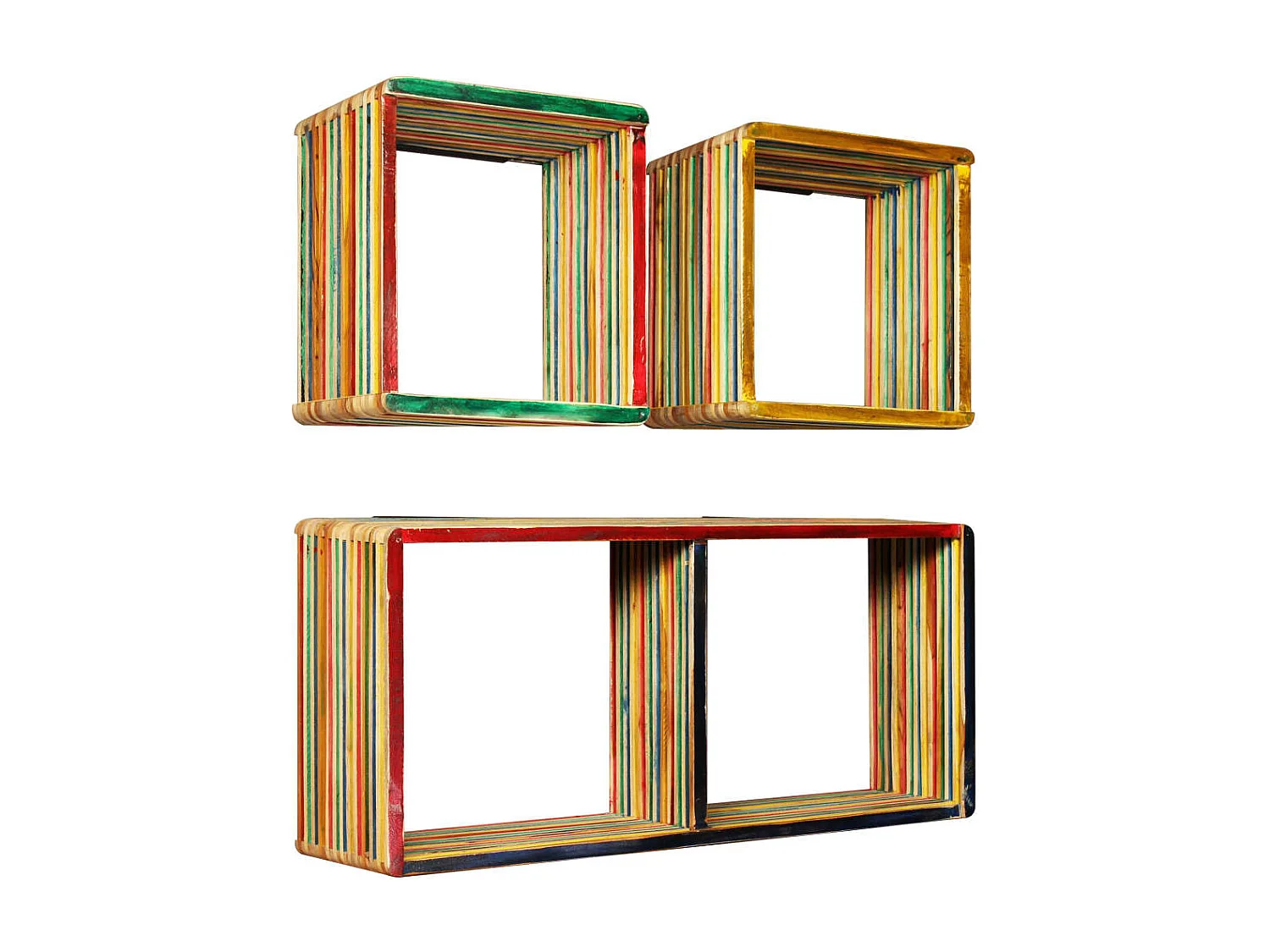 Wandschappenset massief gerecycled teakhout meerkleurig 3-delig