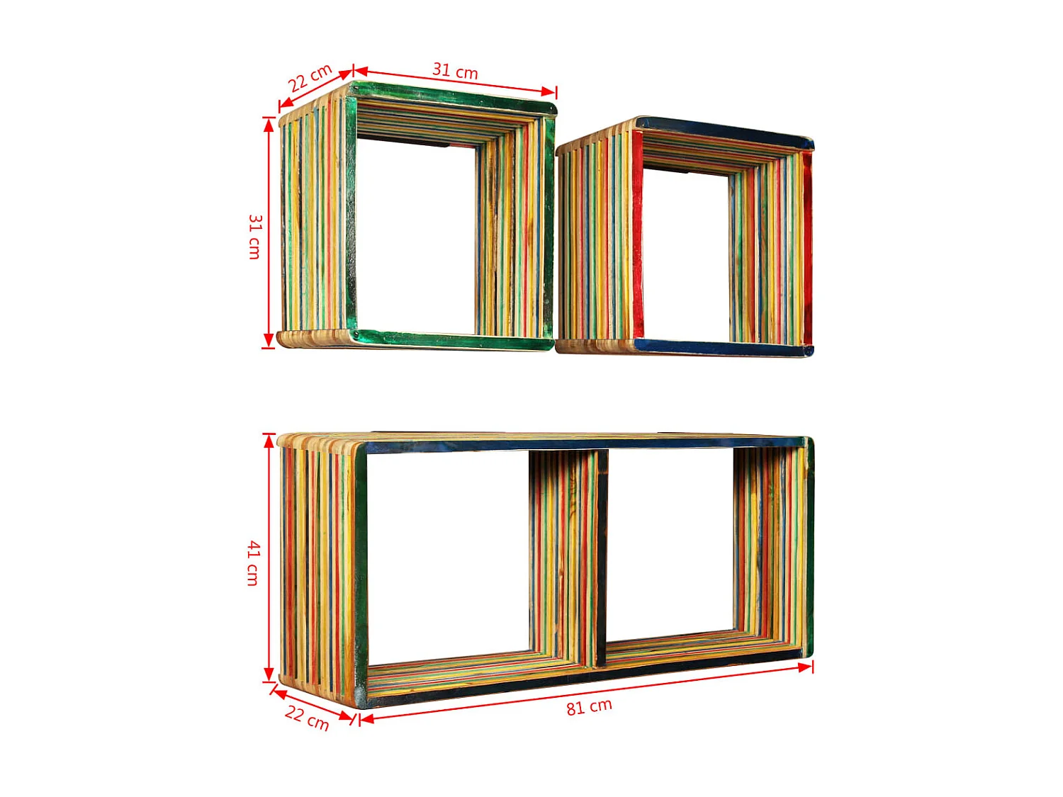 Set di Mensole 3 pz in Massello di Teak di Recupero Multicolore