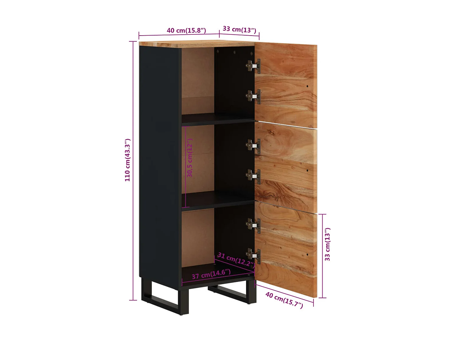 Credenza con 3 Ante 40x33x110 cm Legno Massello Acacia e Ferro