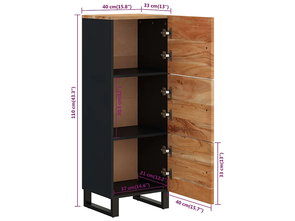 Hoge kast met 3 deuren 40x33x110 cm massief acaciahout en ijzer