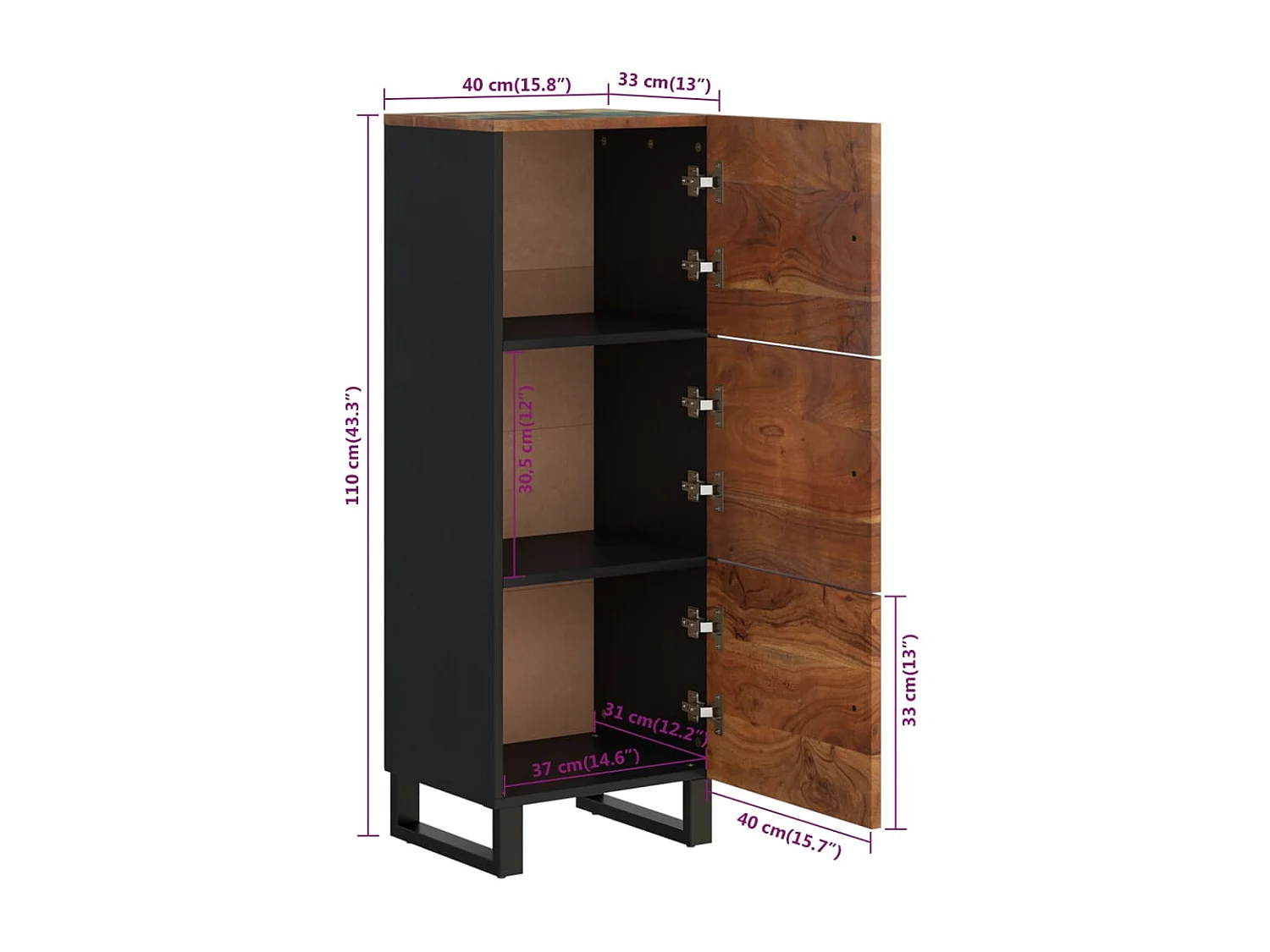 Buffet haut et tiroir 60x33x100 cm bois massif récupération/fer