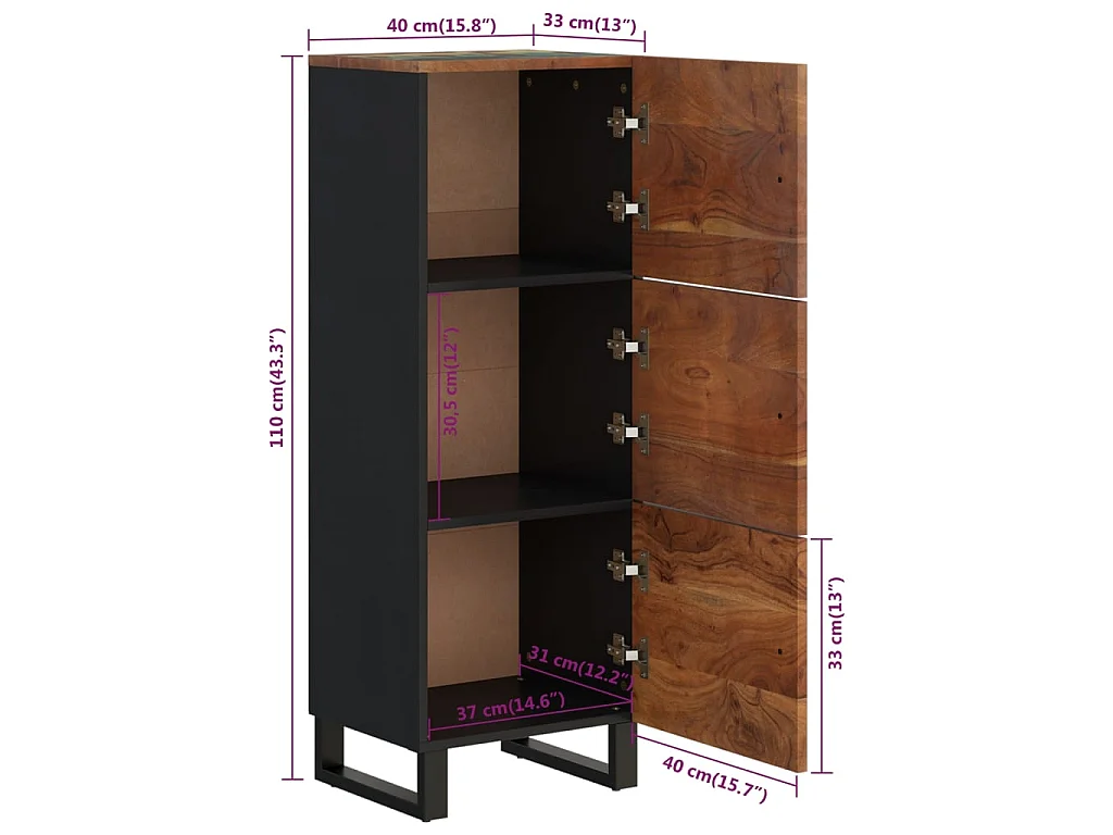 Buffet haut et tiroir 60x33x100 cm bois massif récupération/fer