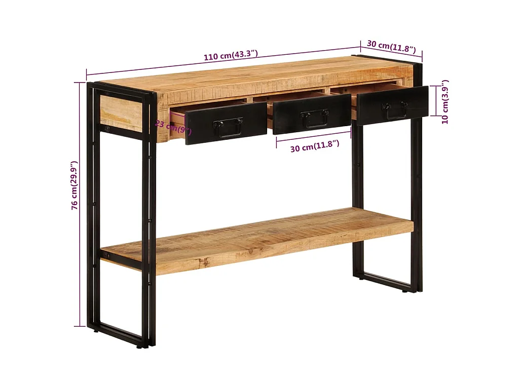 Tavolo Consolle 110x30x76 cm in Legno Massello di Mango
