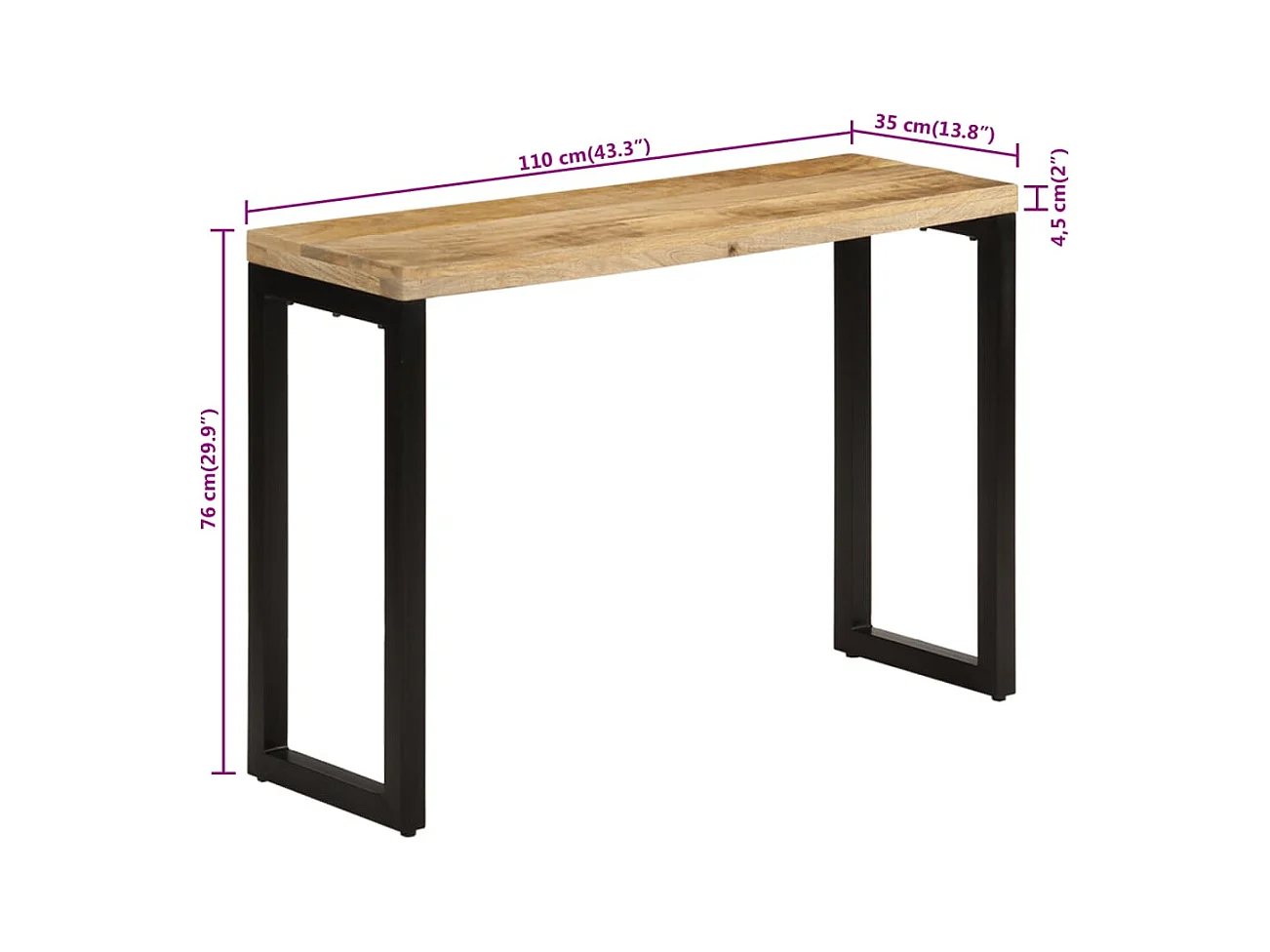 Mesa consola madera maciza de mango rugosa 110x35x76 cm