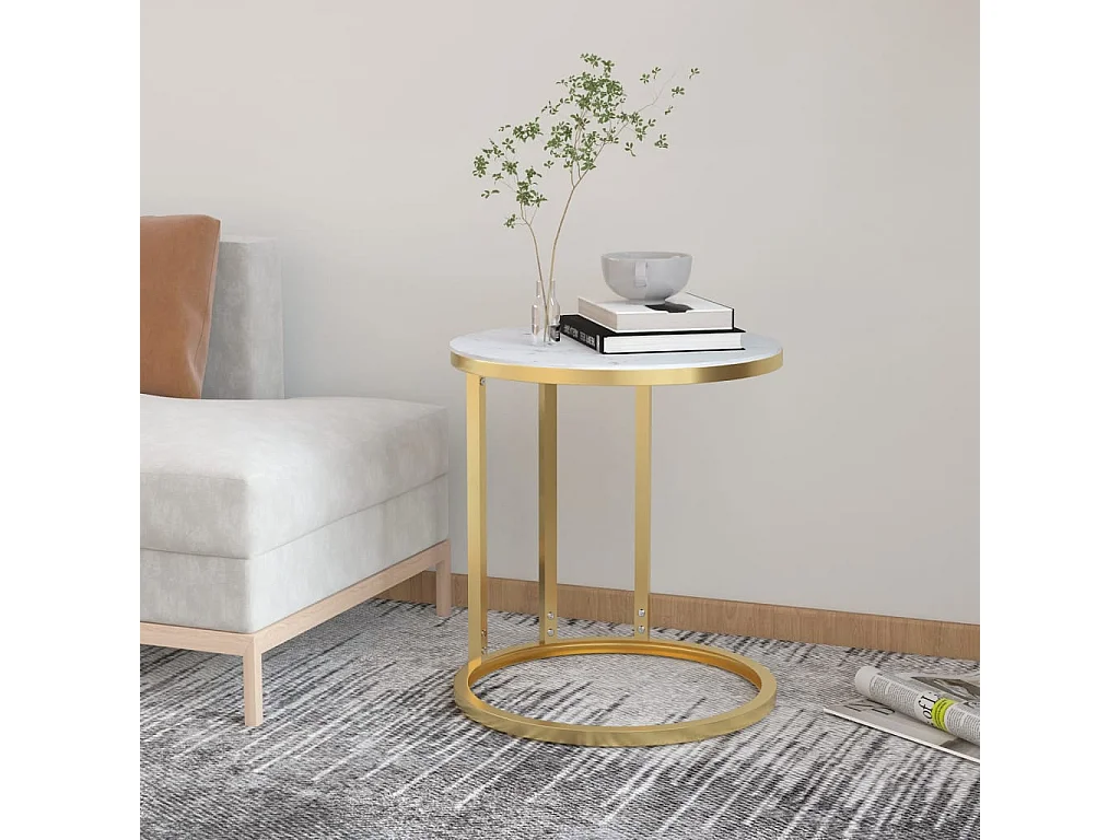 Mesa auxiliar vidrio templado dorado y mármol blanco 45 cm
