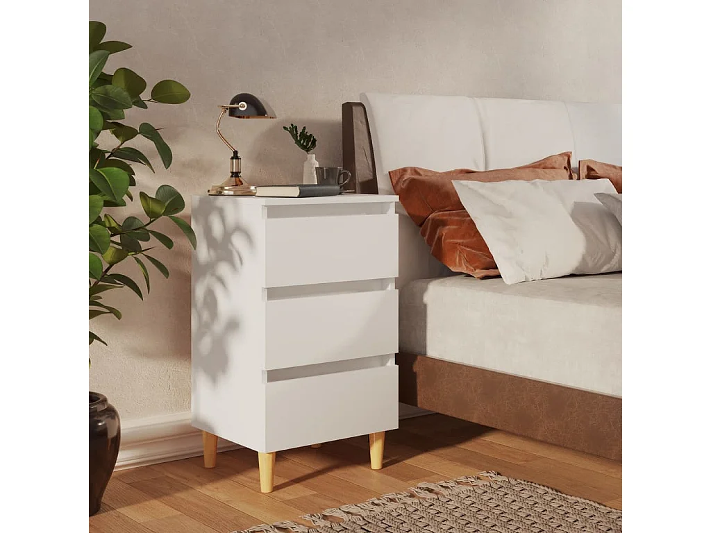 Table de chevet avec pieds en bois solide Blanc 40x35x69 cm