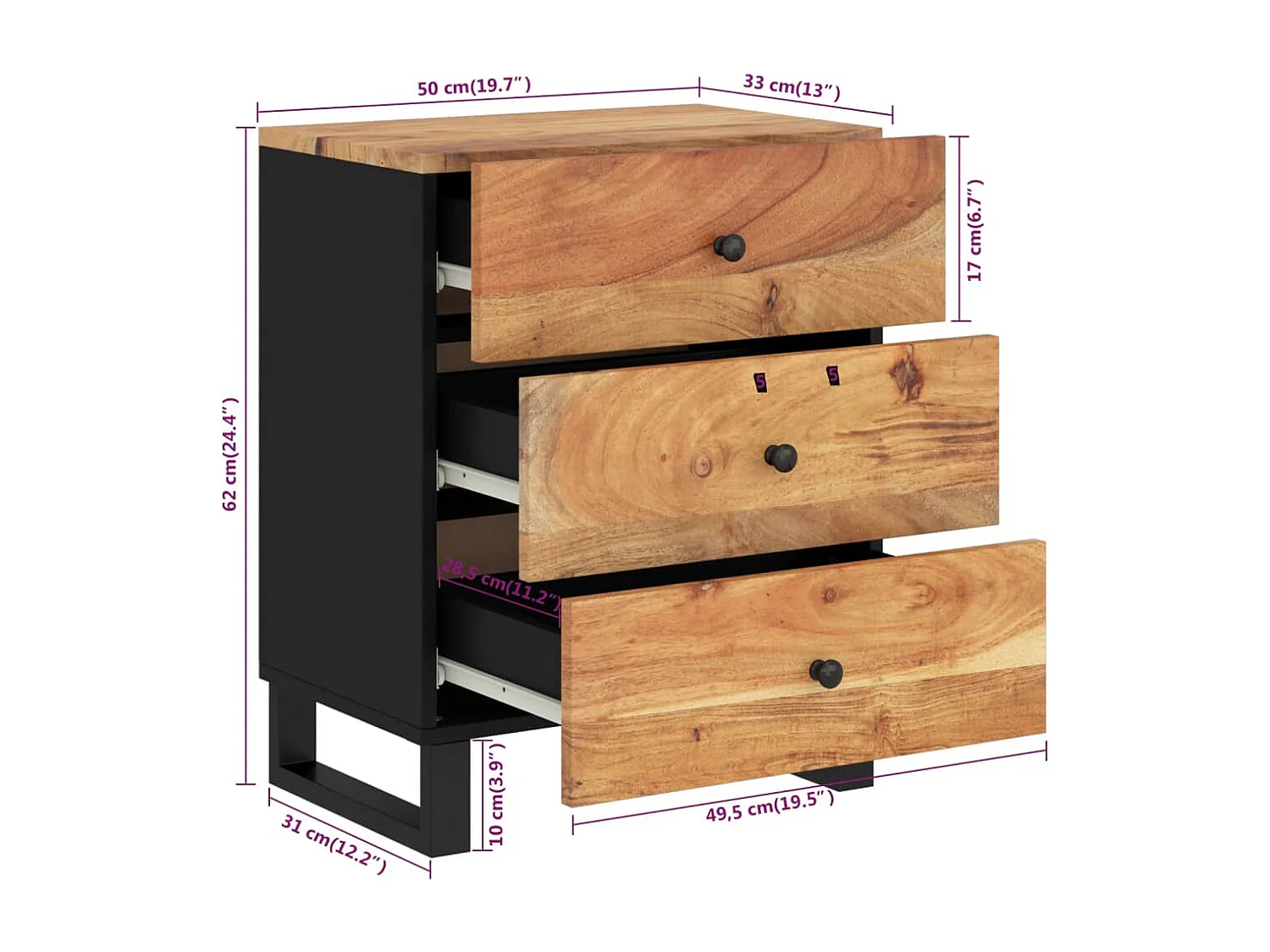 Nachttisch 50x33x62 cm Massivholz Akazie & Holzwerkstoff