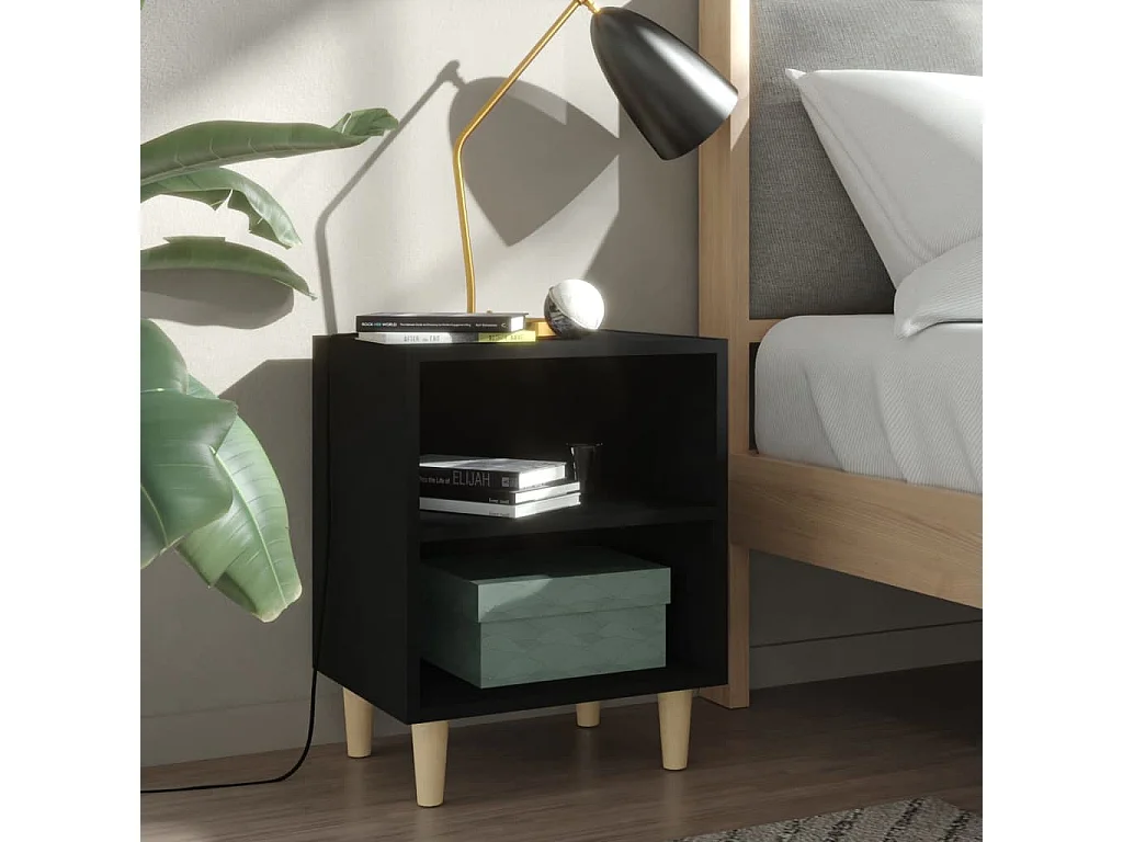 Table de chevet avec pieds en bois massif Noir 40x30x50 cm