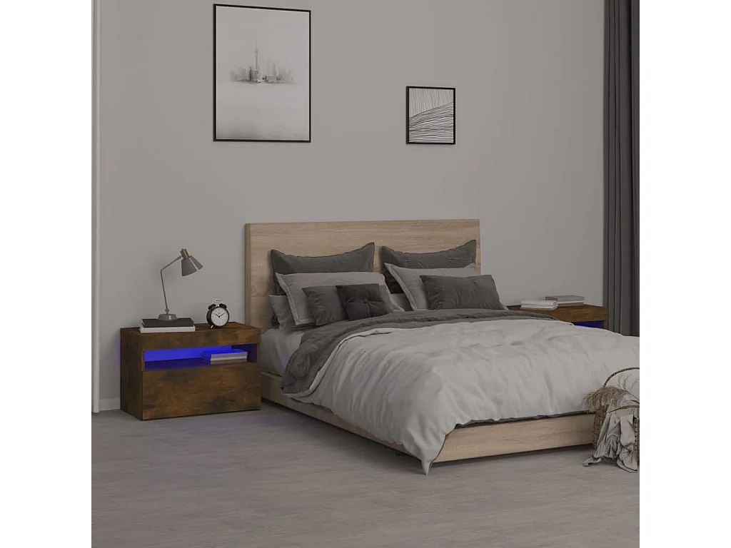 Tables de chevet 2 pcs et lumières LED Chêne fumé 60x35x40 cm