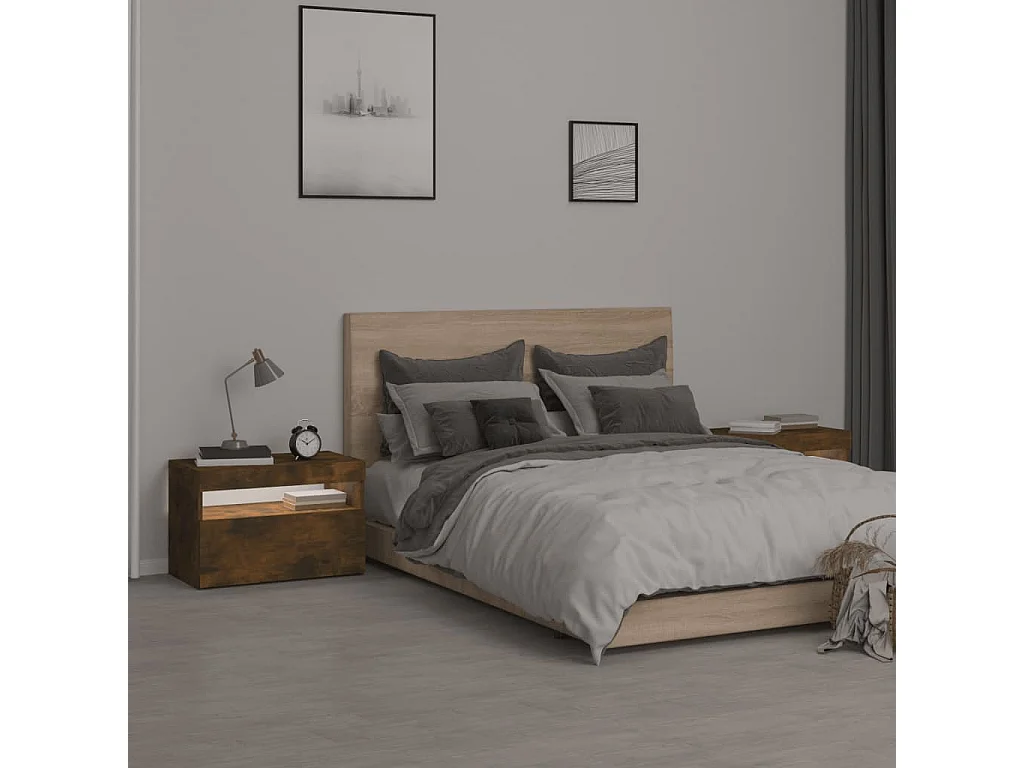 Tables de chevet 2 pcs et lumières LED Chêne fumé 60x35x40 cm