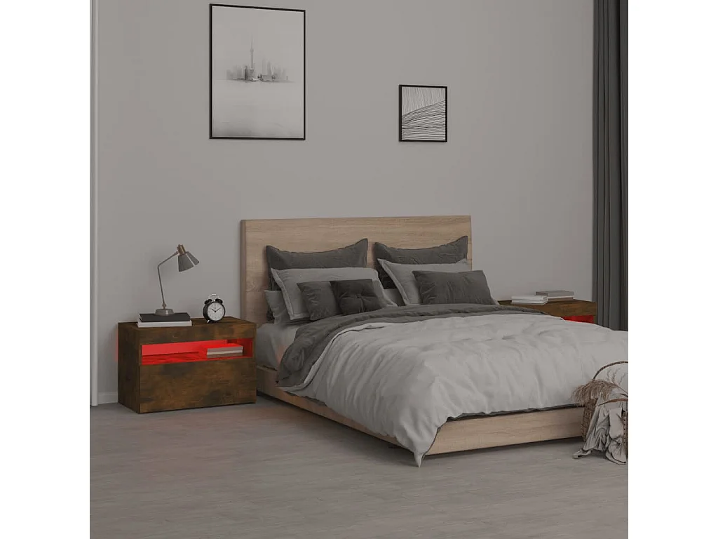 Tables de chevet 2 pcs et lumières LED Chêne fumé 60x35x40 cm