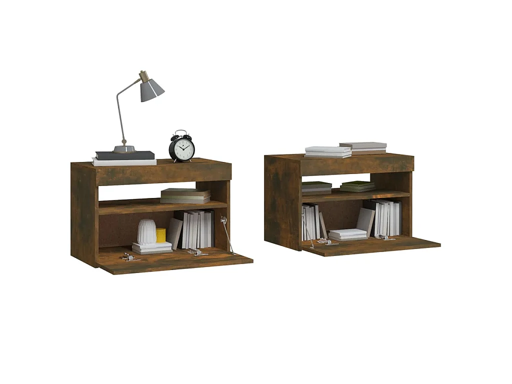 Tables de chevet 2 pcs et lumières LED Chêne fumé 60x35x40 cm
