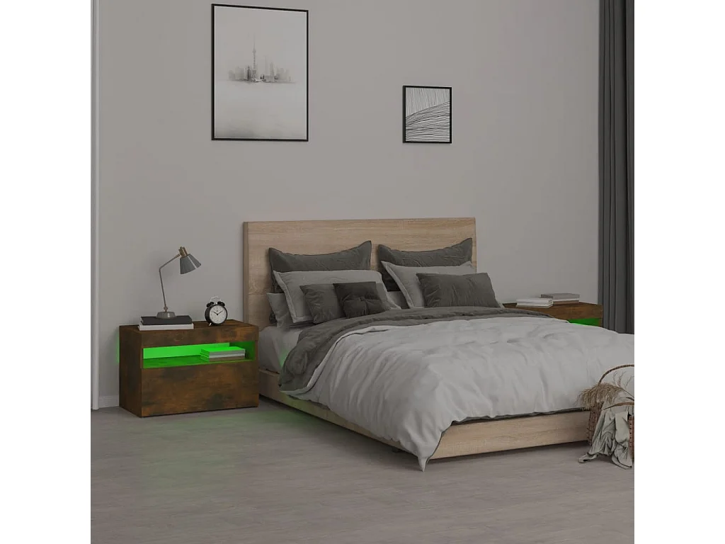 Comodini 2 pz con Luci LED Rovere Fumo 60x35x40 cm