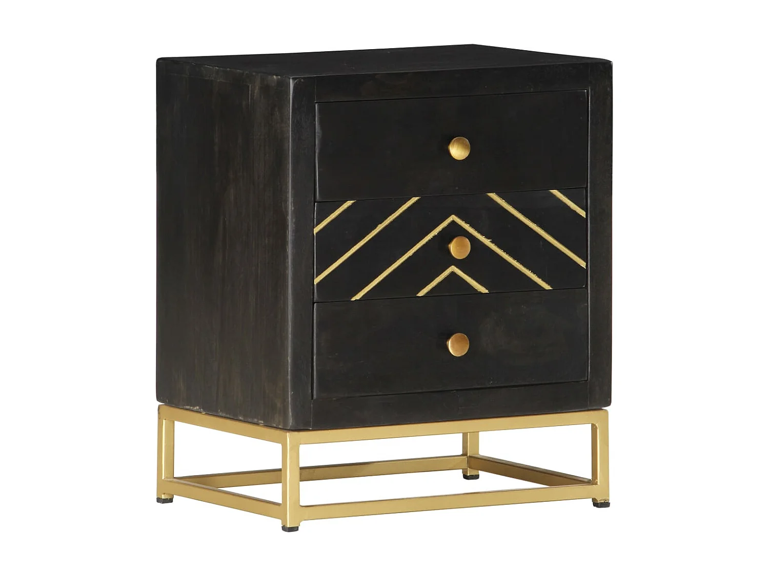 Comodino Nero e Oro 40x30x50 cm in Legno Massello di Mango