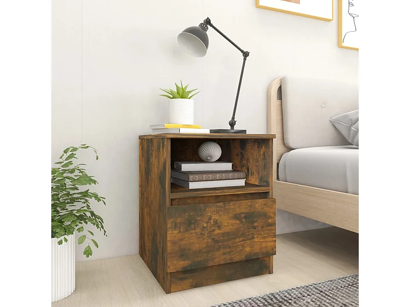 Nachtkastje 40x40x50 cm bewerkt hout gerookt eikenkleurig