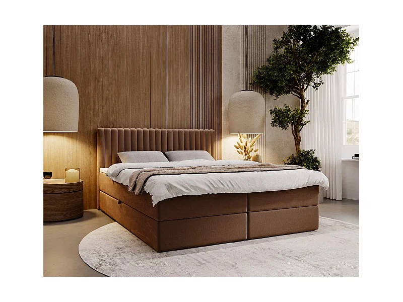 Boxspringbett mit Kopfteil - 140 x 200 - Samtstoff  - Braun - Matratze  - Topper  - MARBELLA