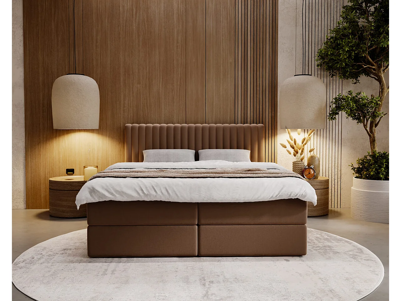 Lit continental Marbella avec rangement - 140 x 200 - double - velours - marron