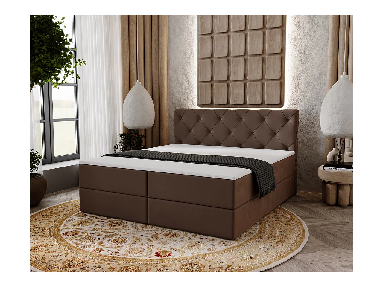 Boxspringbett mit Kopfteil - 180 x 200 - Samtstoff  - Braun - Matratze  - Topper  - NAPOLI