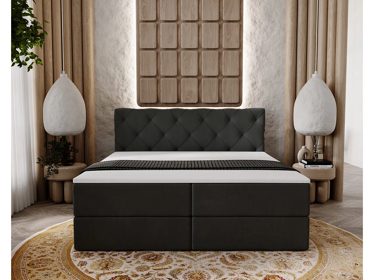 Boxspringbett mit Kopfteil - 200 x 200 - Samtstoff  - Grau - Matratze  - Topper  - NAPOLI