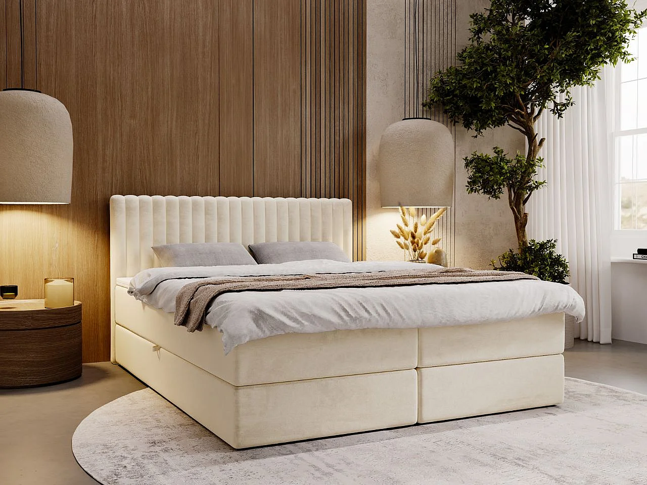 Lit continental Marbella avec rangement - 140 x 200 - double - velours - crème