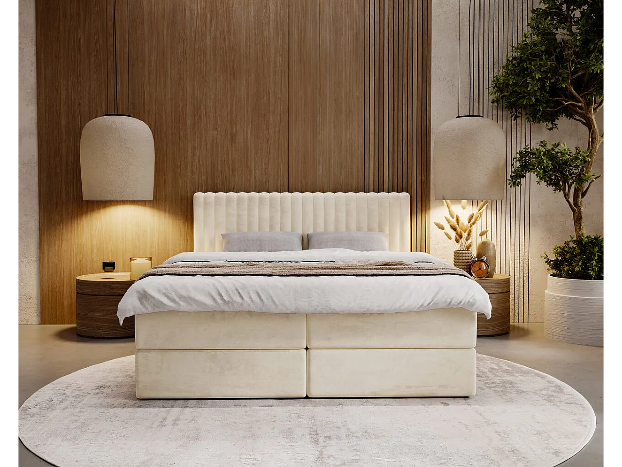 Lit continental Marbella avec rangement - 140 x 200 - double - velours - crème
