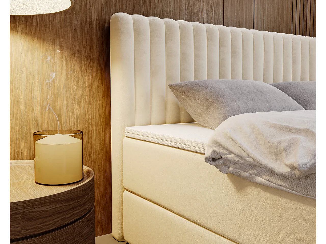 Lit continental Marbella avec rangement - 140 x 200 - double - velours - crème