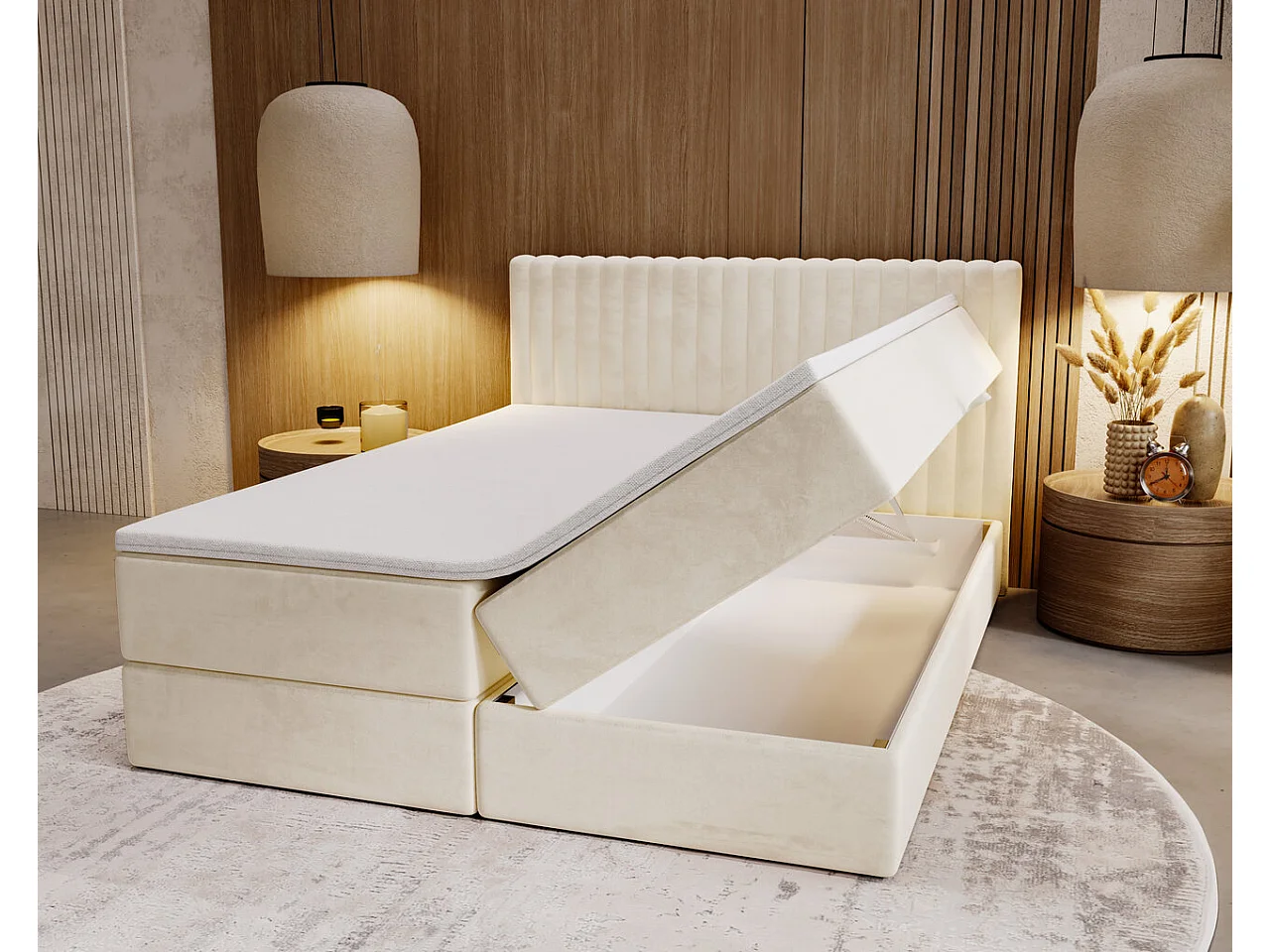 Lit continental Marbella avec rangement - 140 x 200 - double - velours - crème