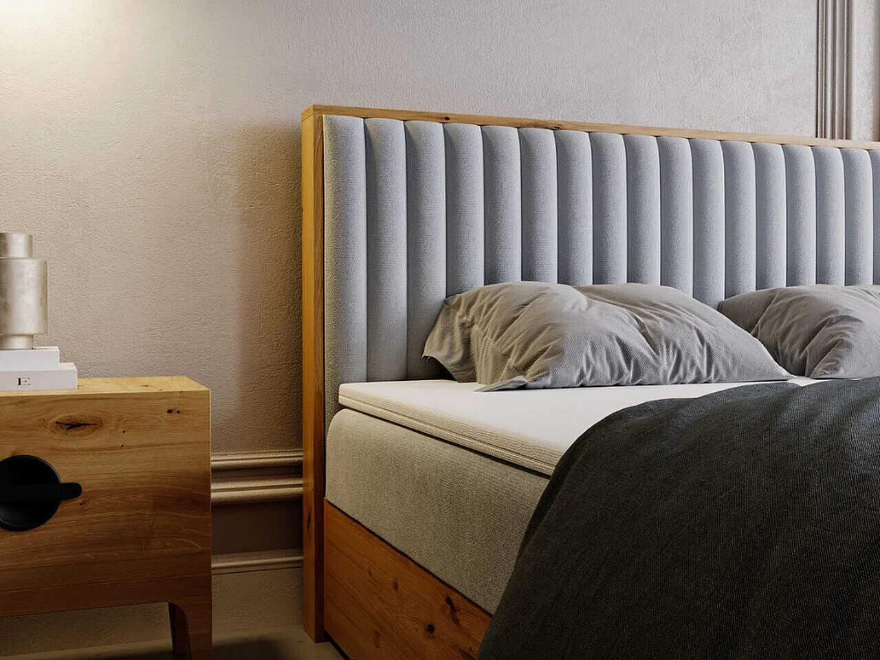 Boxspringbett mit Kopfteil - 140 x 200 - Samtstoff  - Hellgrau - Matratze  - Topper  - FOREST