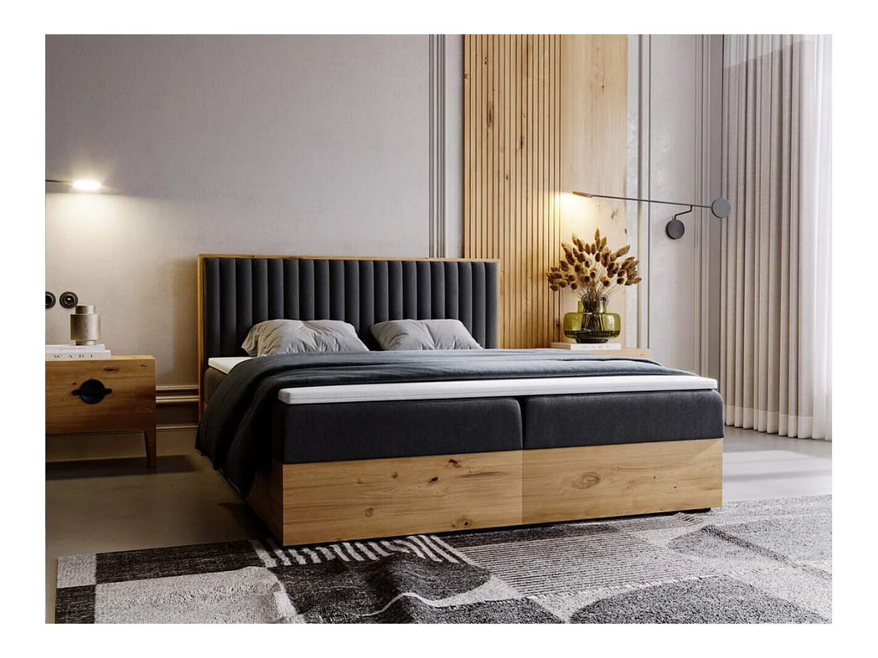 Lit continental Forest avec rangement - 180 x 200 - double - en bois avec tête de lit capitonnée - anthracite