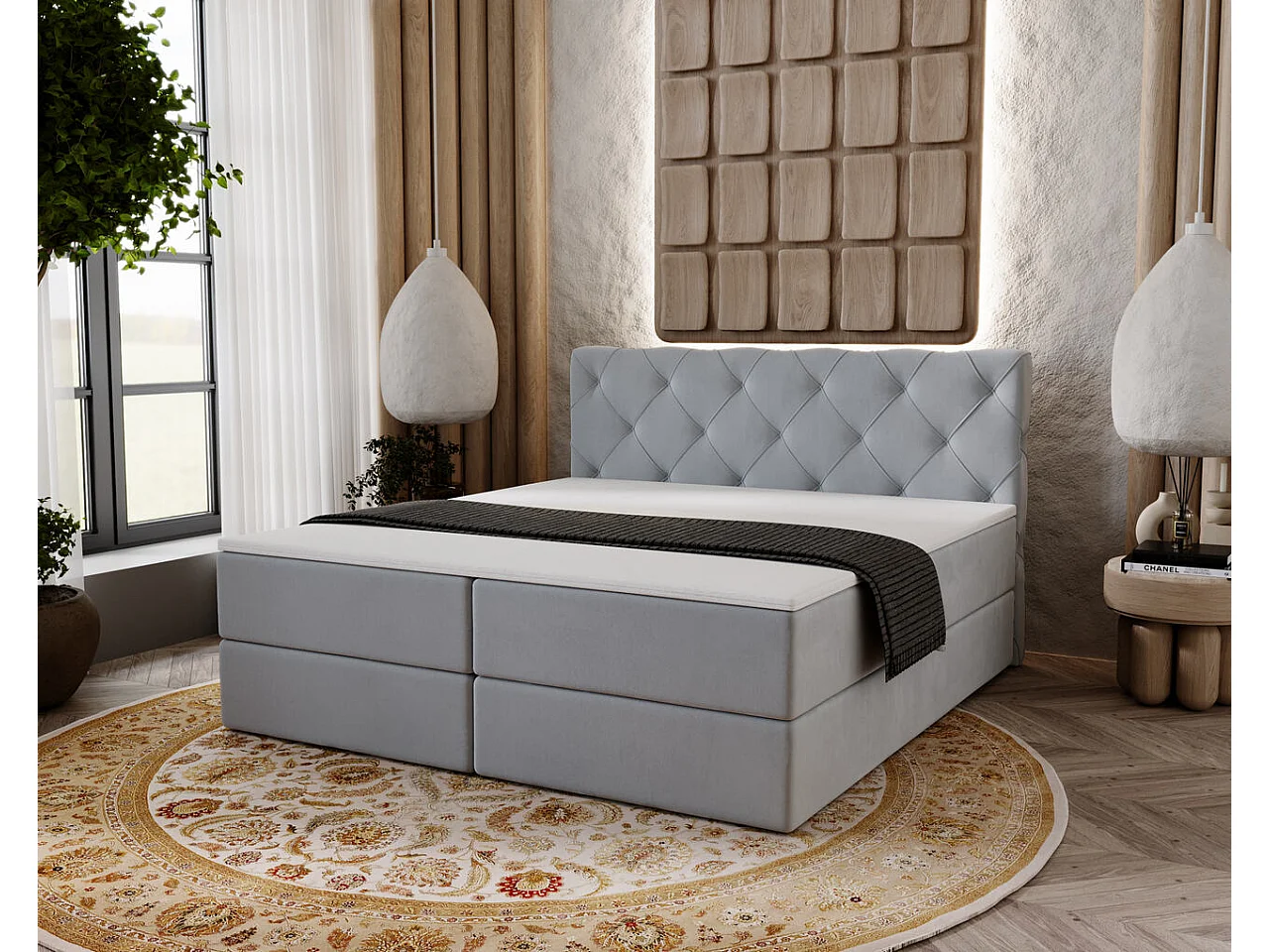 Boxspringbett mit Kopfteil - 200 x 200 - Samtstoff  - Hellgrau - Matratze  - Topper  - NAPOLI