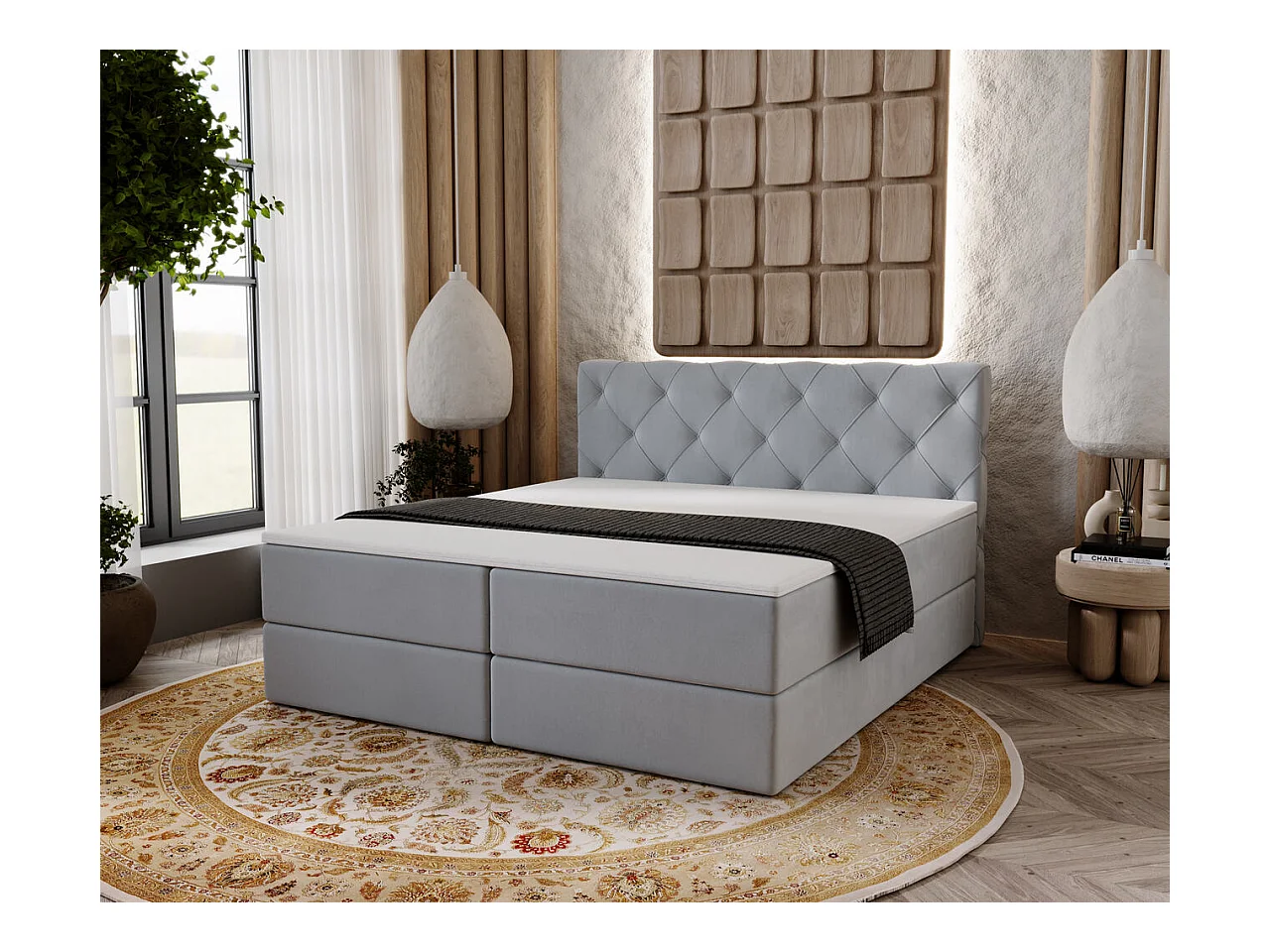 Boxspringbett mit Kopfteil - 200 x 200 - Samtstoff  - Hellgrau - Matratze  - Topper  - NAPOLI