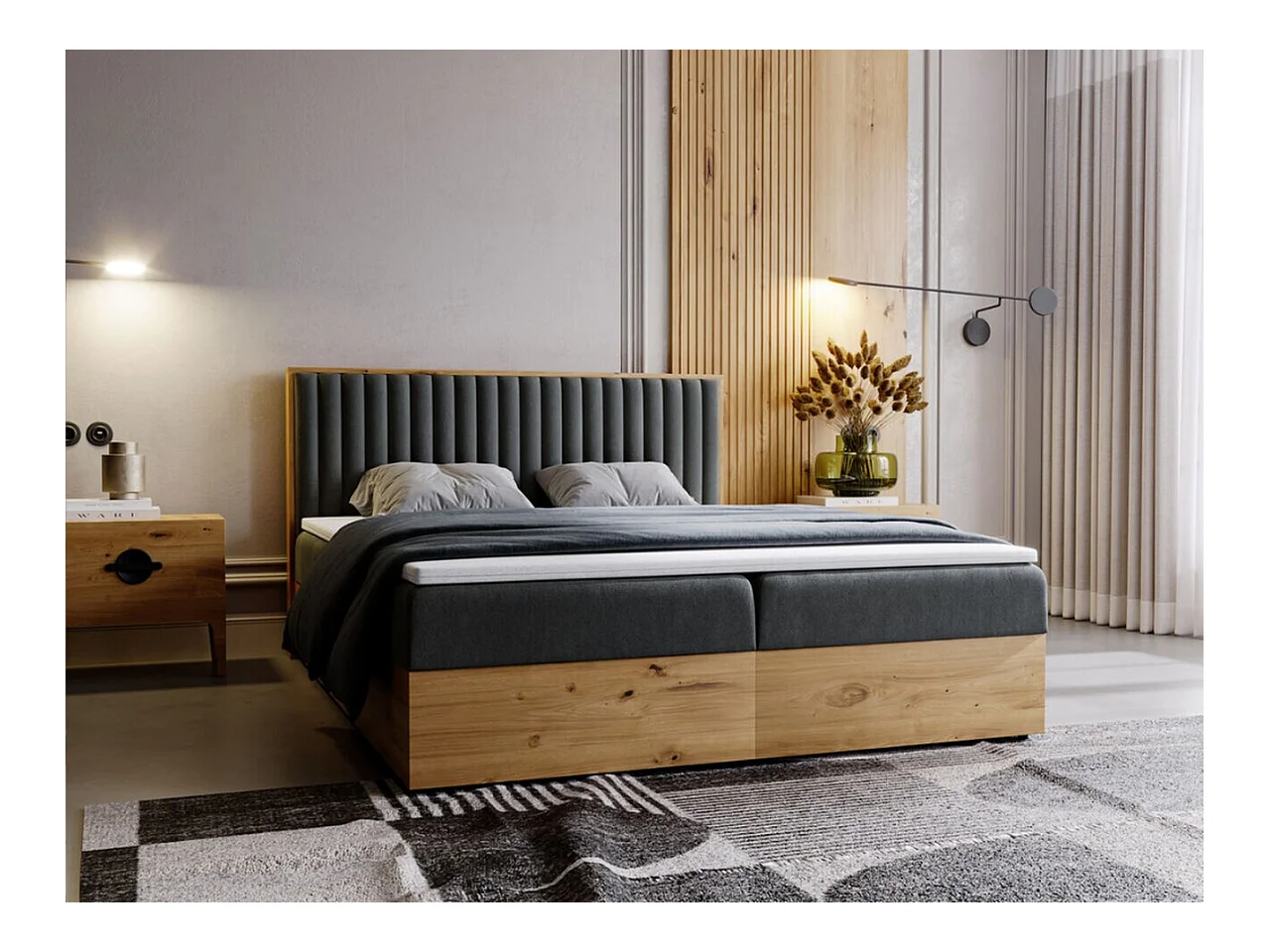 Lit continental Forest avec rangement - 180 x 200 - double - en bois avec tête de lit capitonnée - gris