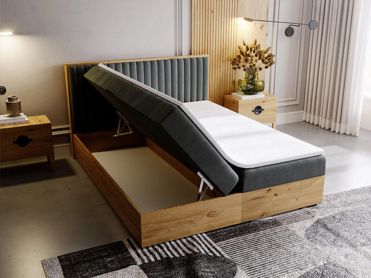 Lit continental Forest avec rangement - 180 x 200 - double - en bois avec tête de lit capitonnée - gris