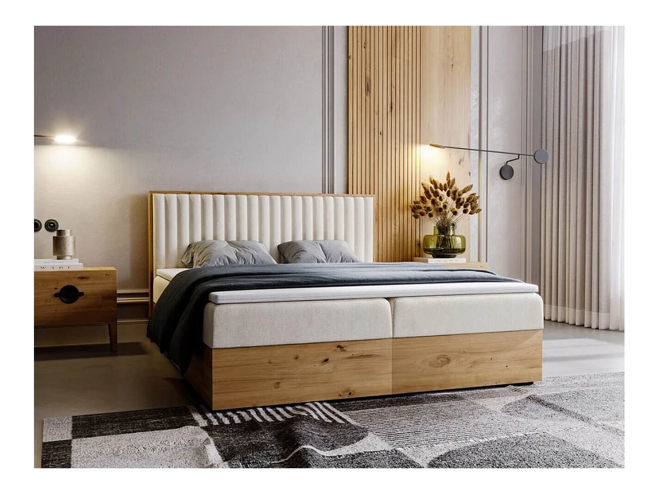 Lit continental Forest avec rangement - 180 x 200 - double - en bois avec tête de lit capitonnée - beige