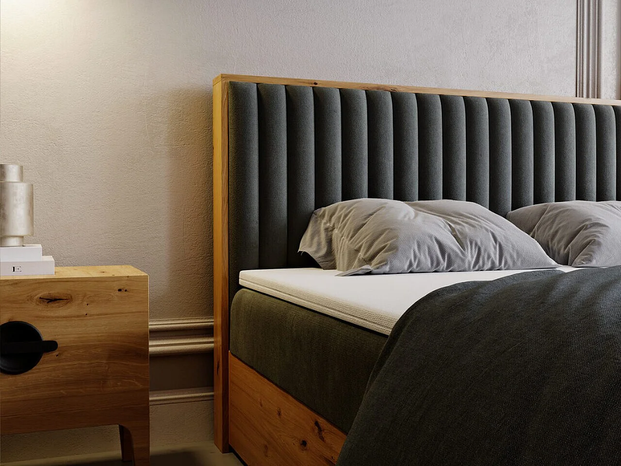 Boxspringbett mit Kopfteil - 160 x 200 - Samtstoff  - Grau - Matratze  - Topper  - FOREST